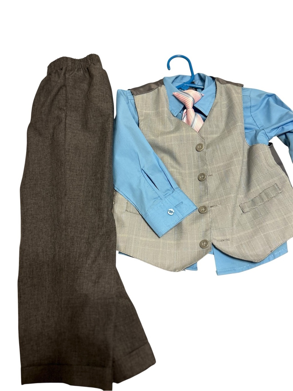 Size 4T Nautica 3 piece suit -Blue Shirt w/ Gray Plaid Vest & dark gray Pants